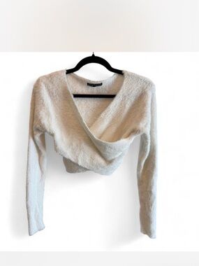 SHEIN Cream Fuzzy Cropped Wrap Sweater